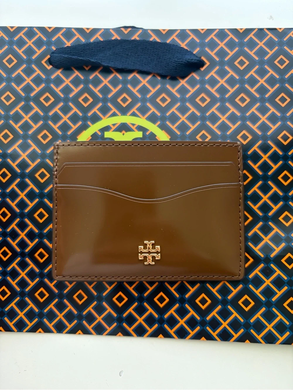 Tory Burch Rich Walnut Smooth Leather Card Holder with Gold Logo